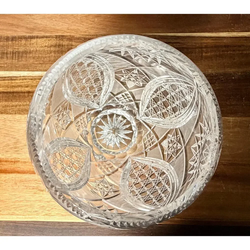 Vintage Hand Cut Crystal Vase, American Brilliant Hobstar Fan Pattern